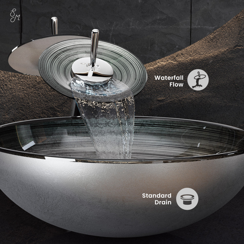 Swiss Madison Cascade 16.5 Glass Vessel Sink with Faucet, Smoky Grey