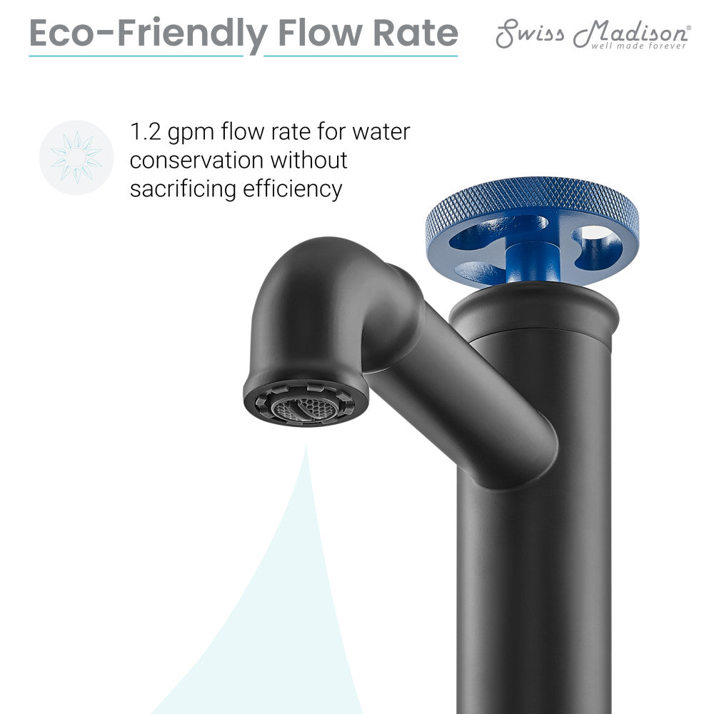 Swiss Madison Avallon Single Hole, Single-Handle Wheel, High Arc Bathroom Faucet in Matte Black with Blue Handles