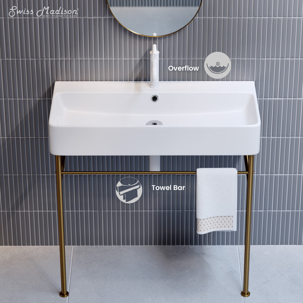 Swiss Madison Carre 36 Ceramic Console Sink White Basin Brushed Gold Legs