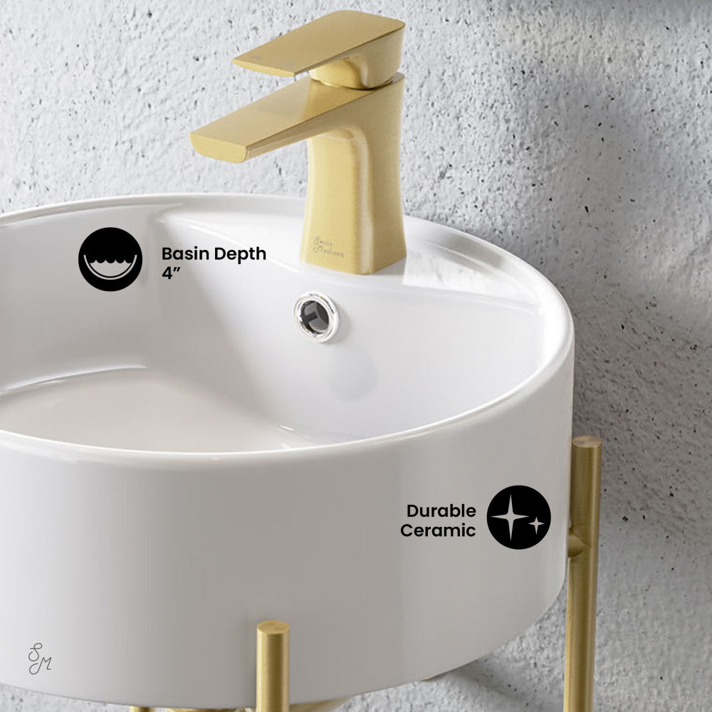 Swiss Madison Monaco 16" Round Console Sink with Faucet Mount, White Basin Brushed Gold Legs