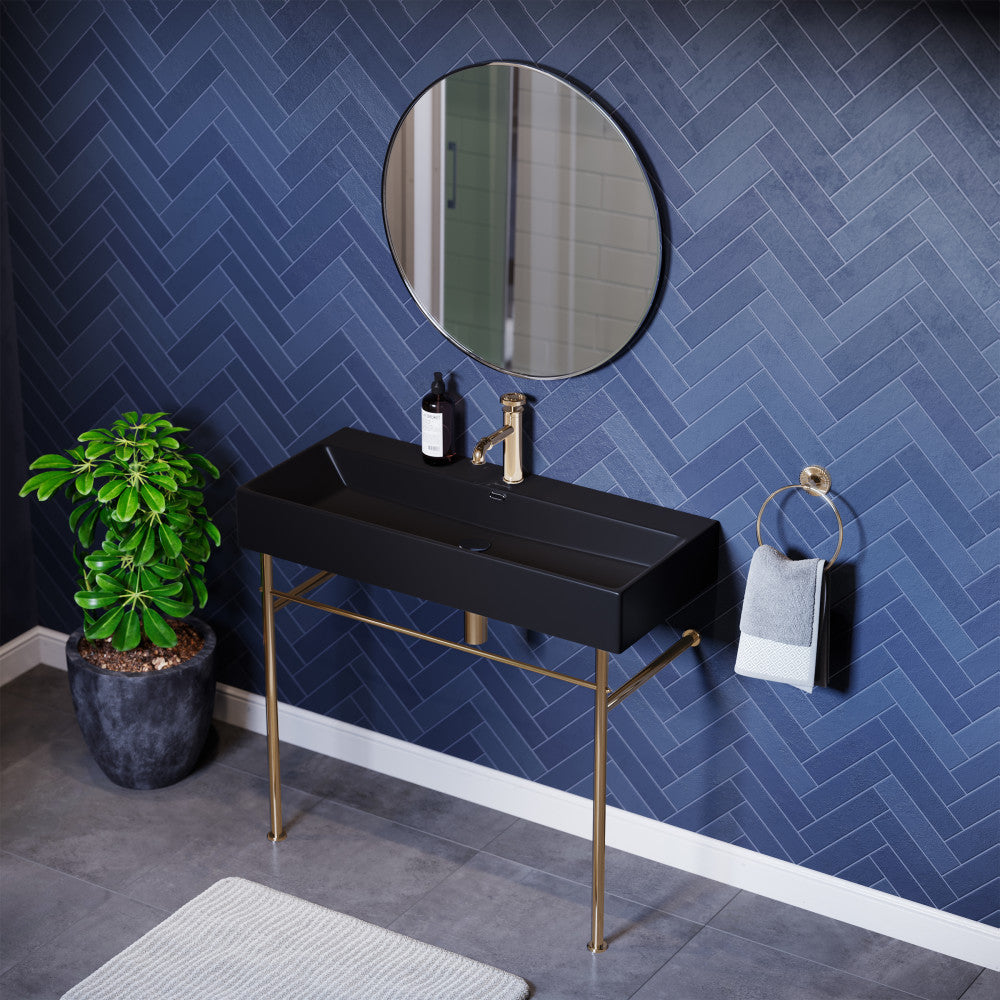 Swiss Madison Claire 40 Ceramic Console Sink Matte Black Basin Gold Legs