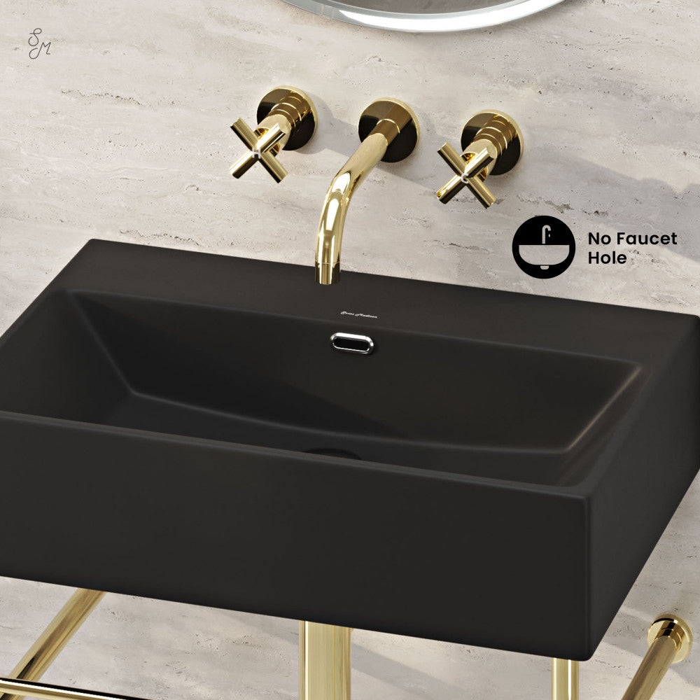 Swiss Madison Claire 24" Rectangle Matte Black Zero Hole Console Sink with Glossy Gold Legs