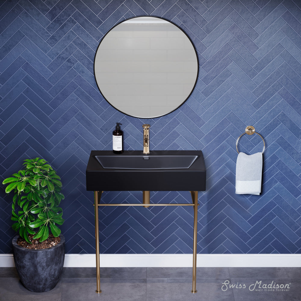 Swiss Madison Claire 30 Ceramic Console Sink Matte Black Basin Gold Legs