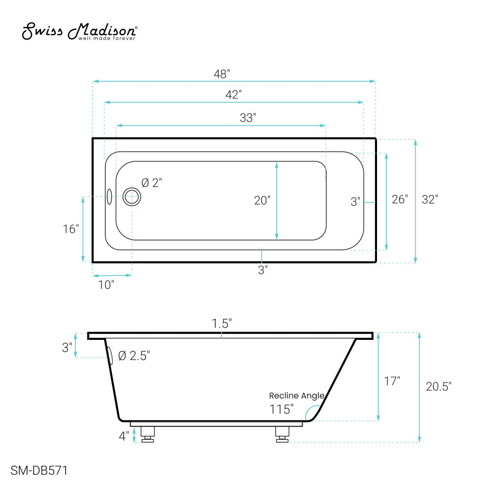 Swiss Madison Voltaire 48" x 32" Reversible Drain Drop-In Bathtub