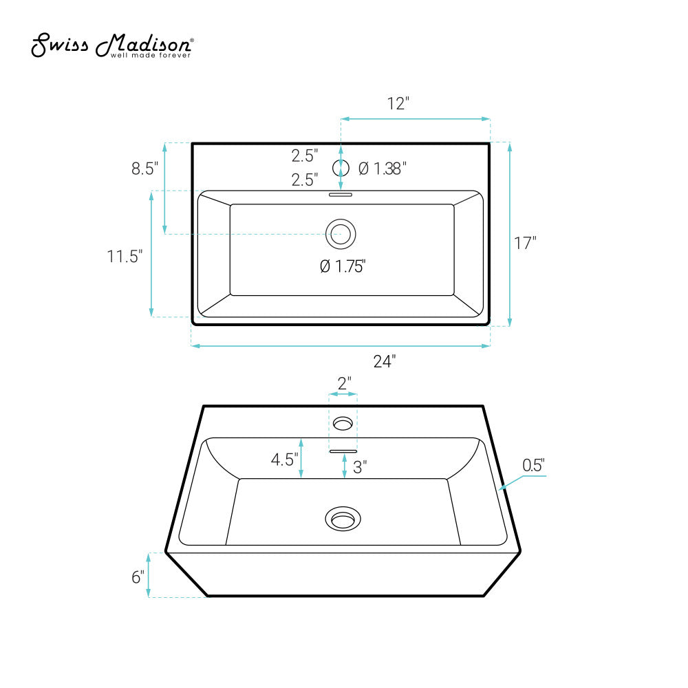 Swiss Madison Claire 24" Rectangle Wall-Mount Bathroom Sink in Matte Black