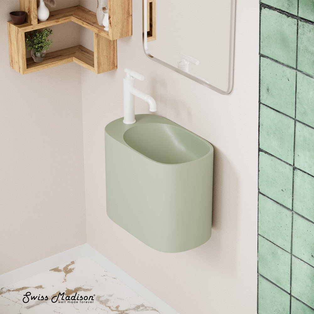 Swiss Madison Terre 18" Solid Surface Oval Wall-Mounted Sink with Left Side Faucet Mount in Matte Palm Green