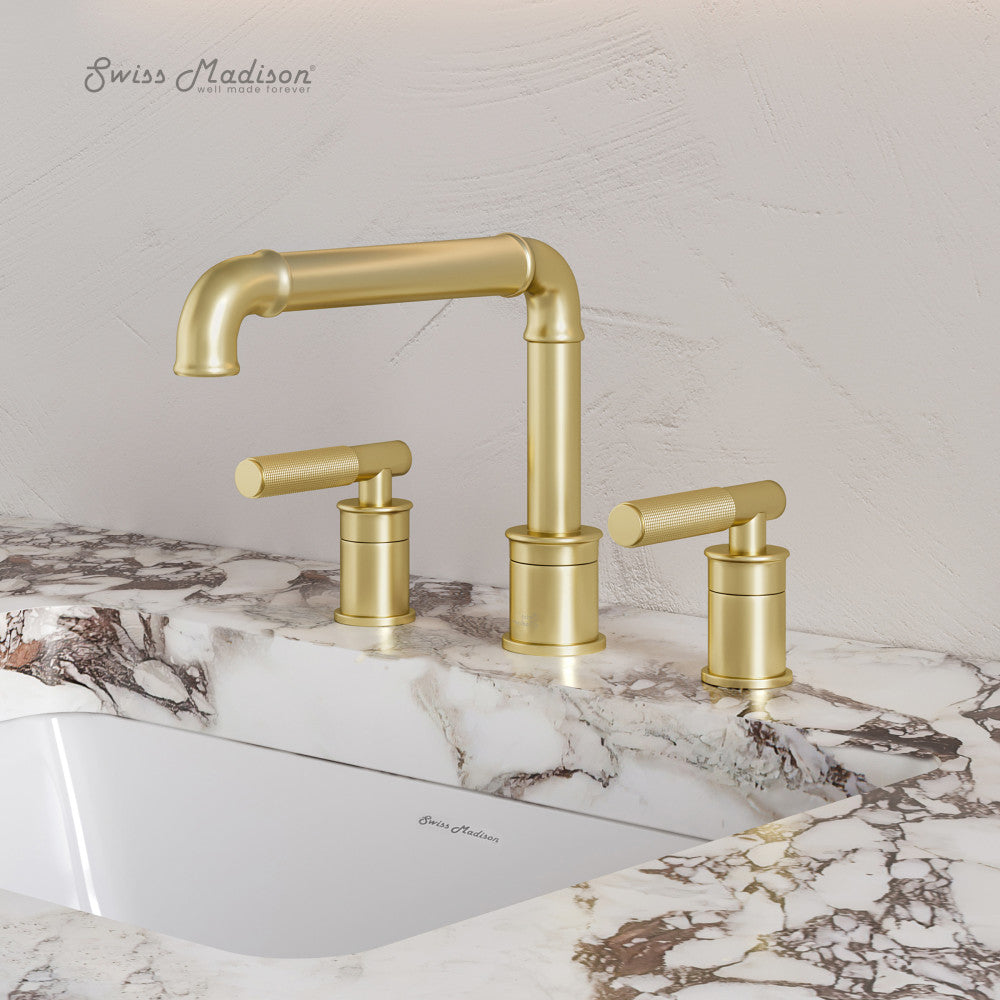 Swiss Madison Avallon 8 in. Widespread, Sleek Handle, Bathroom Faucet in Brushed Gold