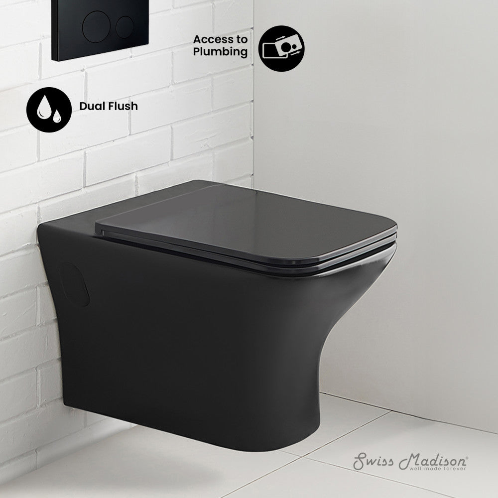Swiss Madison Carre Wall-Hung Toilet Bundle 0.8/1.6 GPF Dual Flush in Matte Black with Black Flush Plate