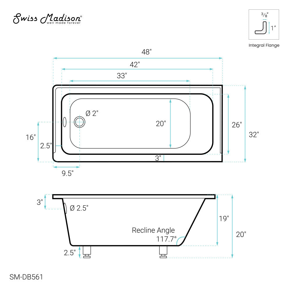 Swiss Madison Voltaire 48" x 32" Left-Hand Drain Alcove Bathtub