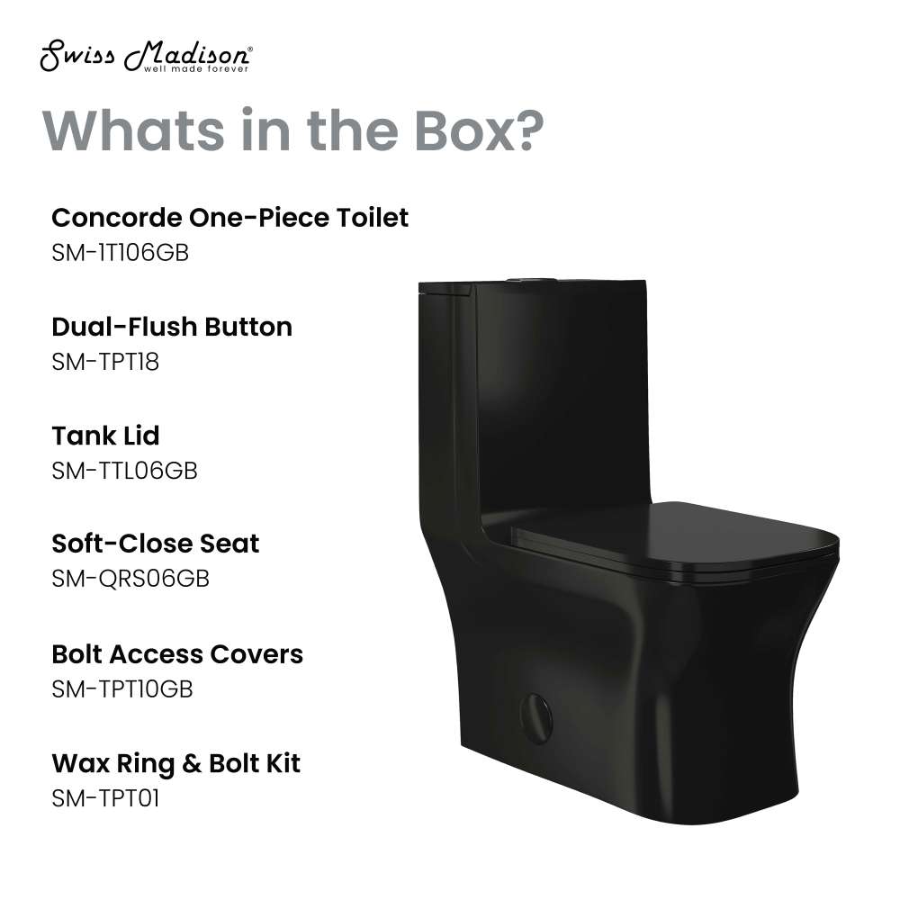 Swiss Madison Concorde One Piece Square Toilet Dual Flush in Glossy Black 1.1/1.6 gpf