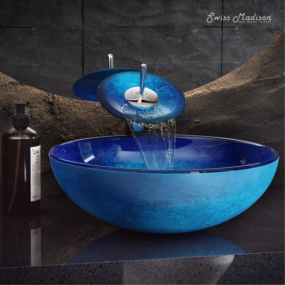 Swiss Madison Cascade 16.5 Glass Vessel Sink with Faucet, Ocean Blue