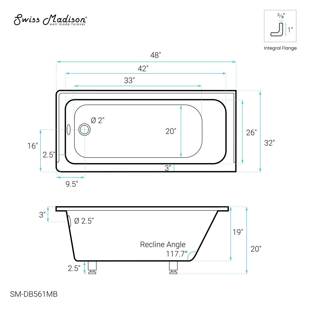 Swiss Madison Voltaire 48" x 32" Left-Hand Drain Alcove Bathtub in Matte Black