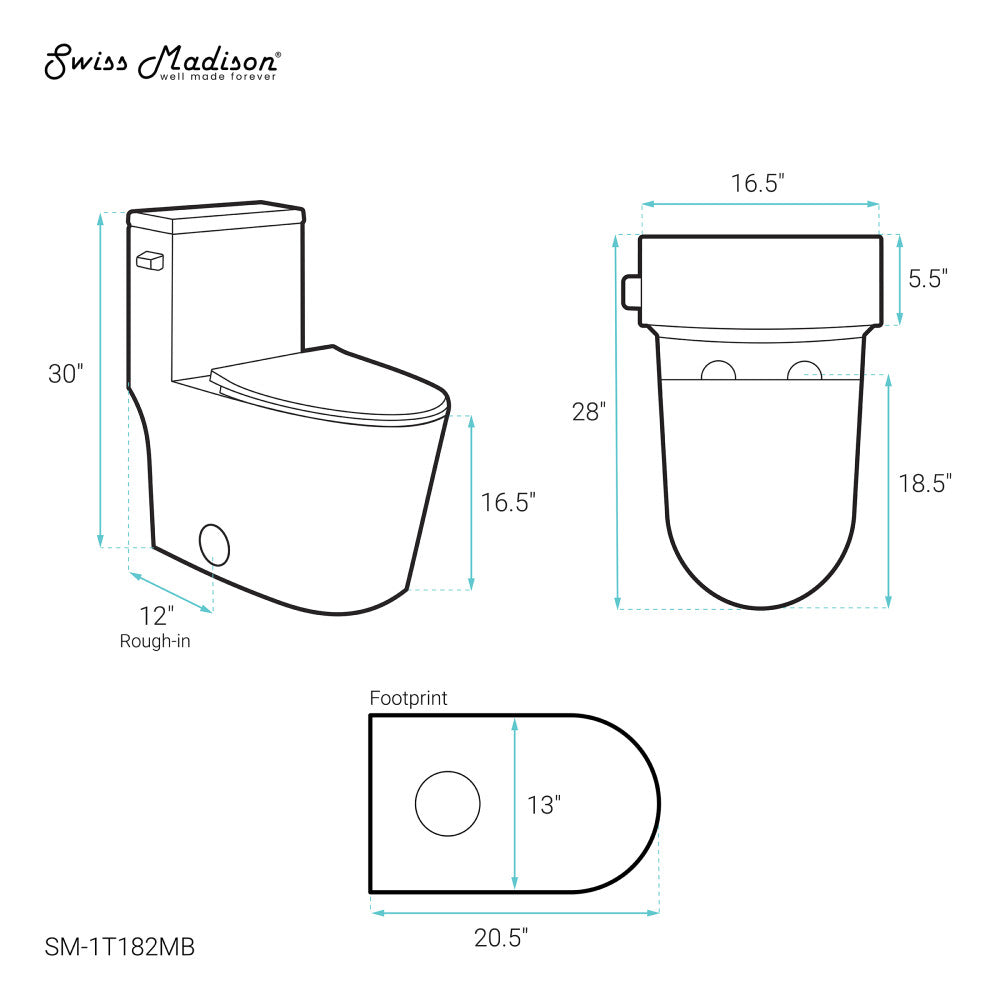 Swiss Madison Dreux One-Piece 12" Rough-in 1.28 GPF Left Flush Elongated Toilet in Matte Black