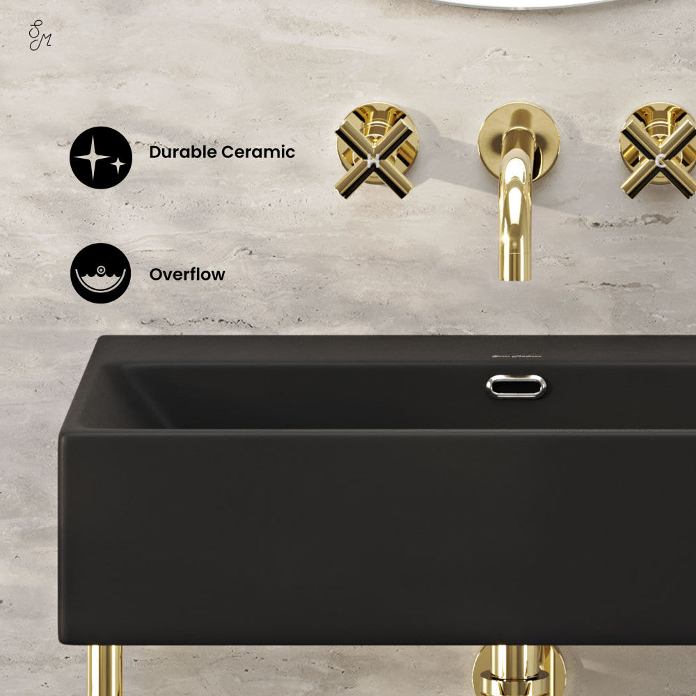 Swiss Madison Claire 24" Rectangle Matte Black Zero Hole Console Sink with Glossy Gold Legs