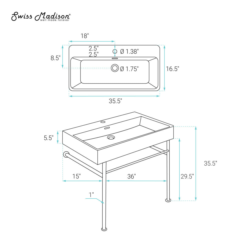 Swiss Madison Carre 36 Ceramic Console Sink Matte Black Basin Chrome Legs