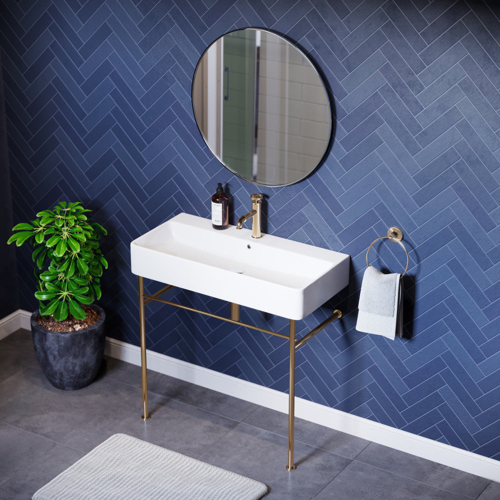 Swiss Madison Carre 36 Ceramic Console Sink White Basin Gold Legs