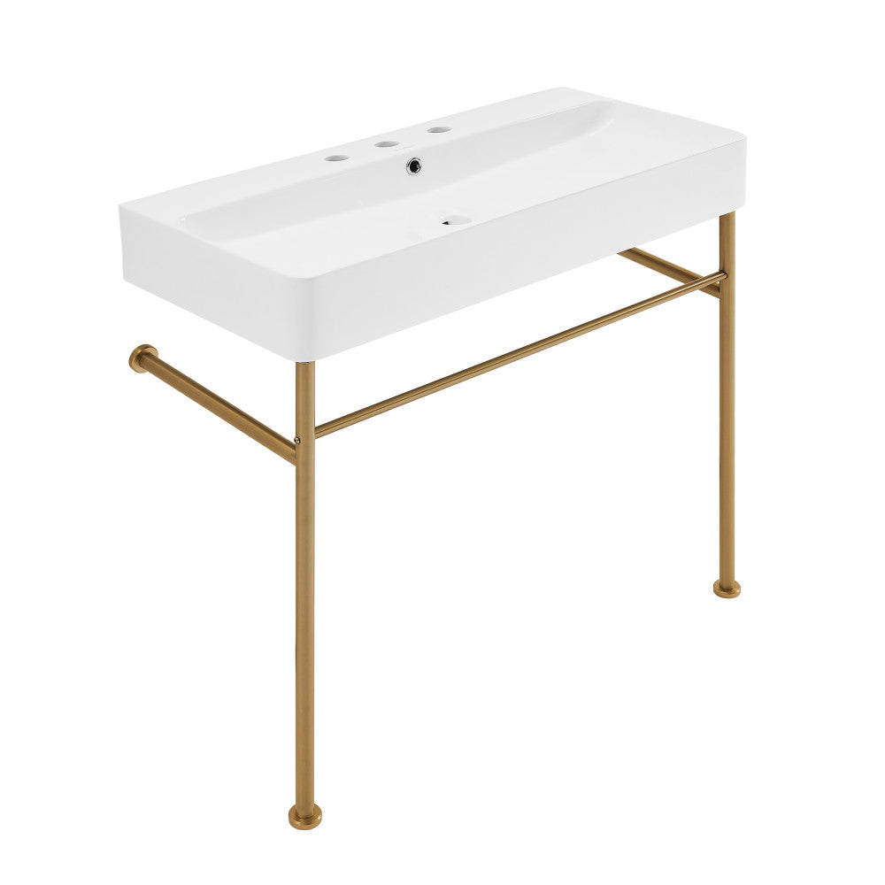 Swiss Madison Carre 36" Console Sink White Basin Brushed Gold Legs with 8" Widespread Holes