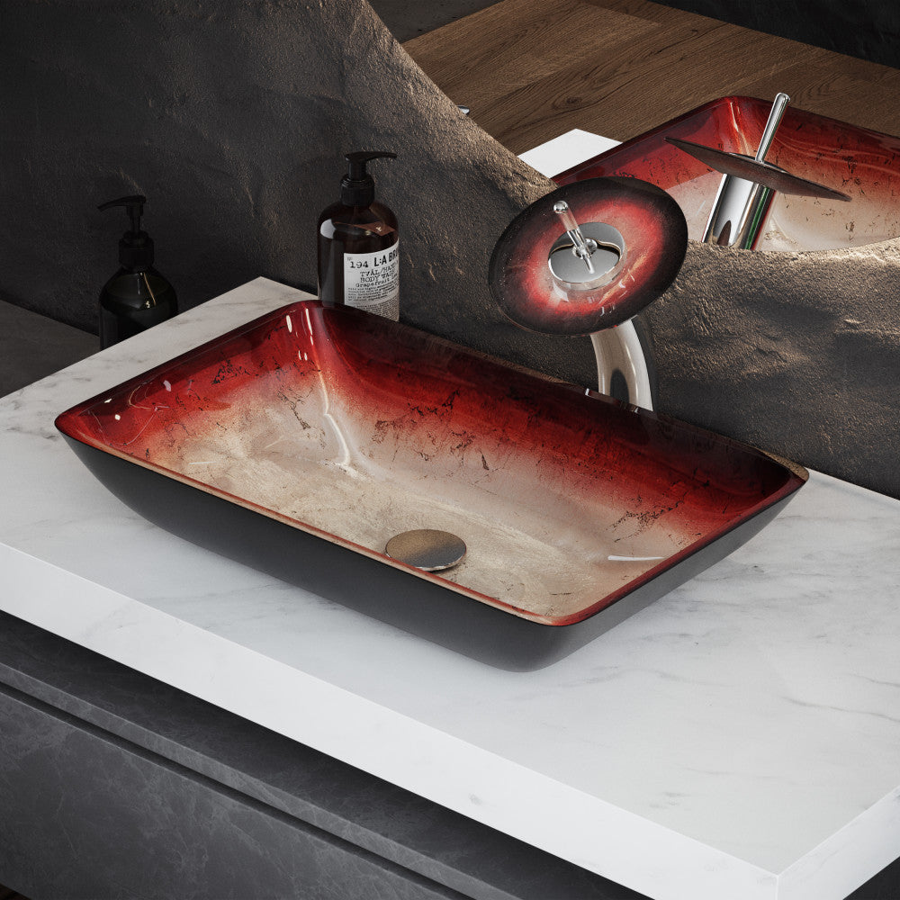 Swiss Madison Cascade Rectangular Glass Vessel Sink with Faucet, Ember Red