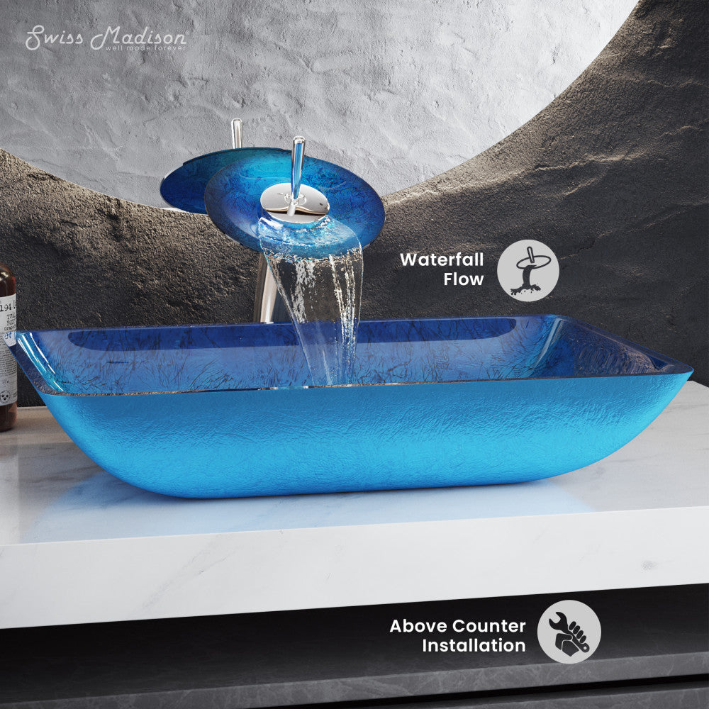 Swiss Madison Cascade Rectangular Glass Vessel Sink with Faucet, Ocean Blue