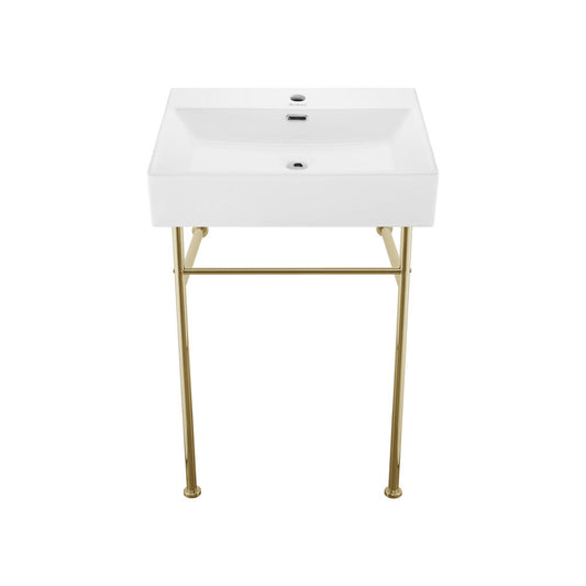 Swiss Madison Claire 24 Ceramic Console Sink White Basin Gold Legs