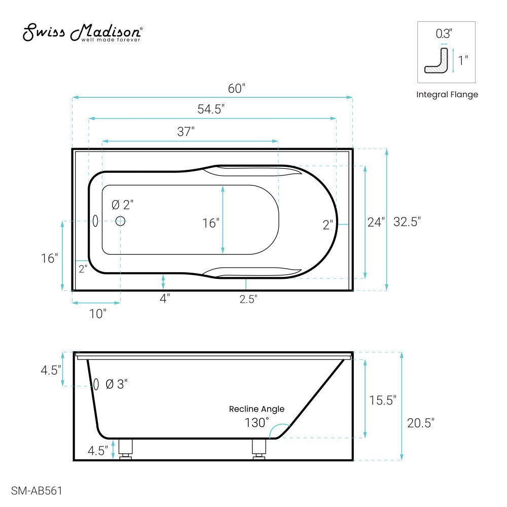 Swiss Madison Concorde 60" x 32" Acrylic Glossy White, Alcove, Integral, Left-Hand Drain, Apron Bathtub