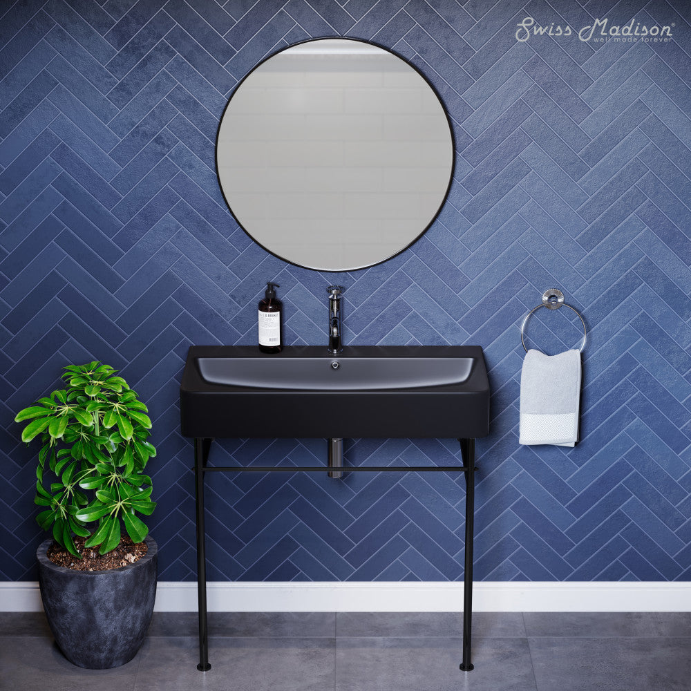Swiss Madison Carre 36 Ceramic Console Sink Matte Black Basin Black Legs