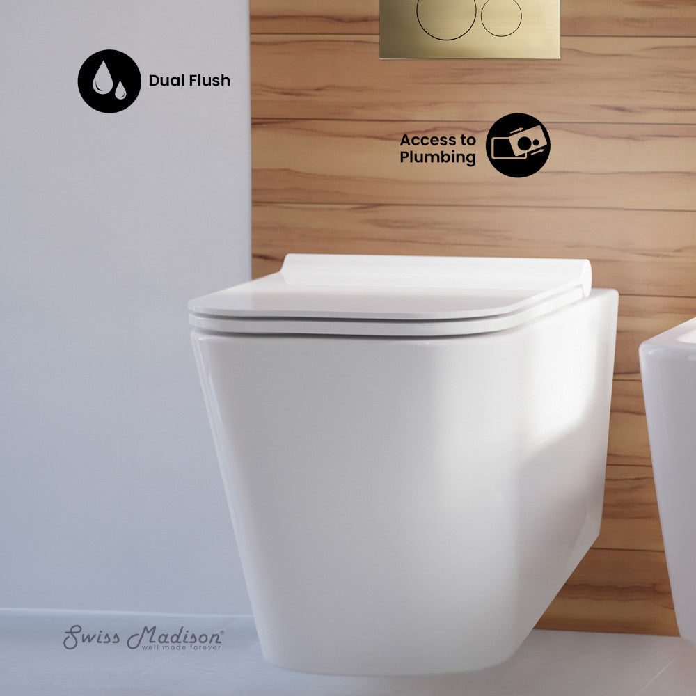Swiss Madison Concorde Wall-Hung Toilet Bundle 0.8/1.6 GPF Dual Flush in Glossy White with Brass Flush Plate