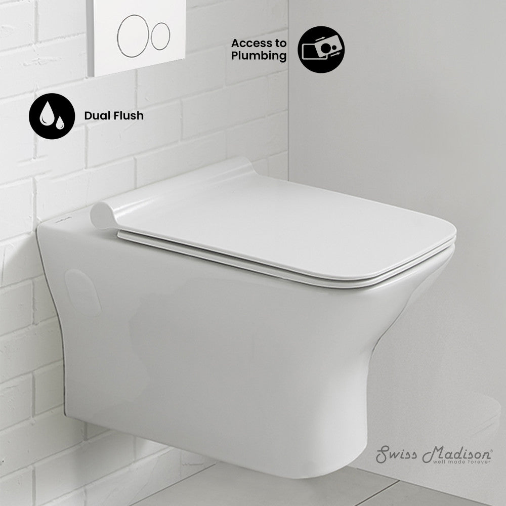 Swiss Madison Carre Wall-Hung Toilet Bundle 0.8/1.6 GPF Dual Flush in Glossy White with White Flush Plate