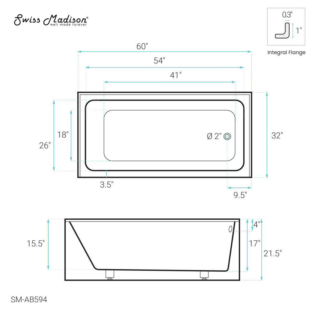Swiss Madison Voltaire 60" x 32" Right-Hand Drain Alcove Bathtub with Apron