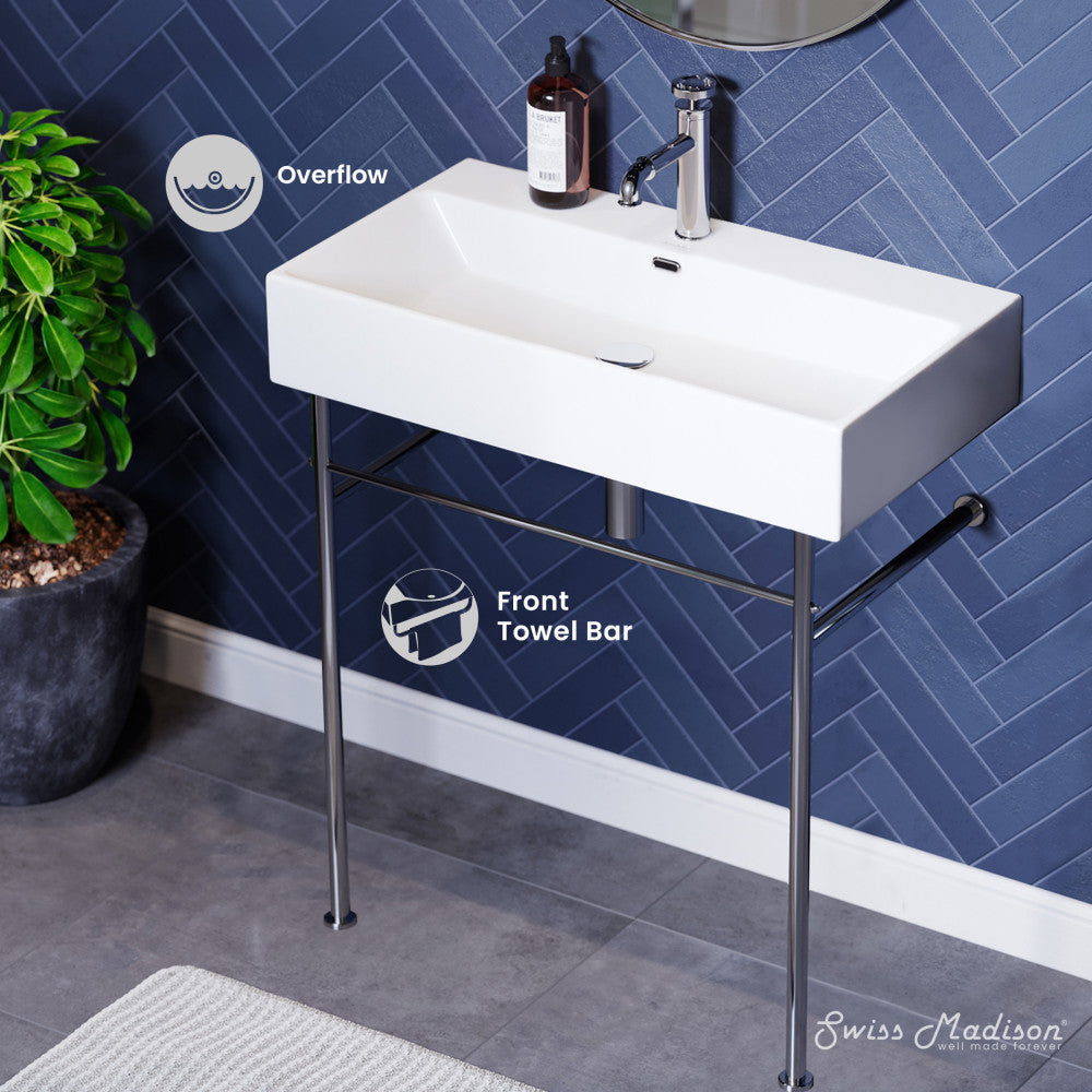 Swiss Madison Claire 30 Ceramic Console Sink White Basin Chrome Legs