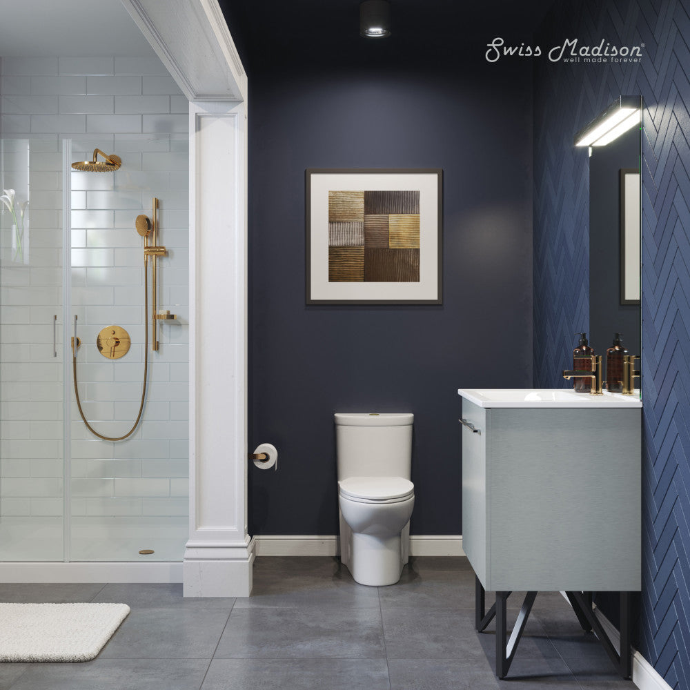 Swiss Madison Sublime One Piece Elongated Toilet Dual Flush, Brushed Gold Hardware 1.1/1.6 gpf