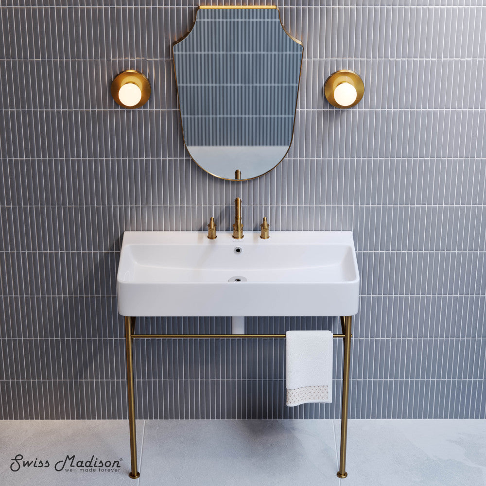 Swiss Madison Carre 36" Console Sink White Basin Brushed Gold Legs with 8" Widespread Holes