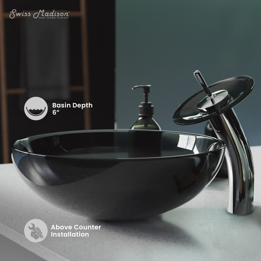 Swiss Madison Cascade 16.5 Color Glass Vessel Sink with Faucet, Black