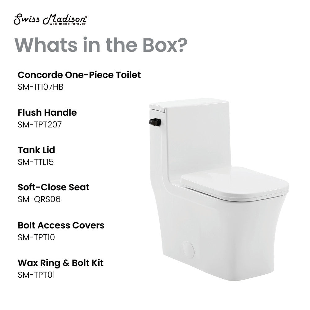 Swiss Madison Concorde One-Piece 12" Rough-in 1.28 GPF Left-Hand Flush Square Toilet in Glossy White with Black Hardware