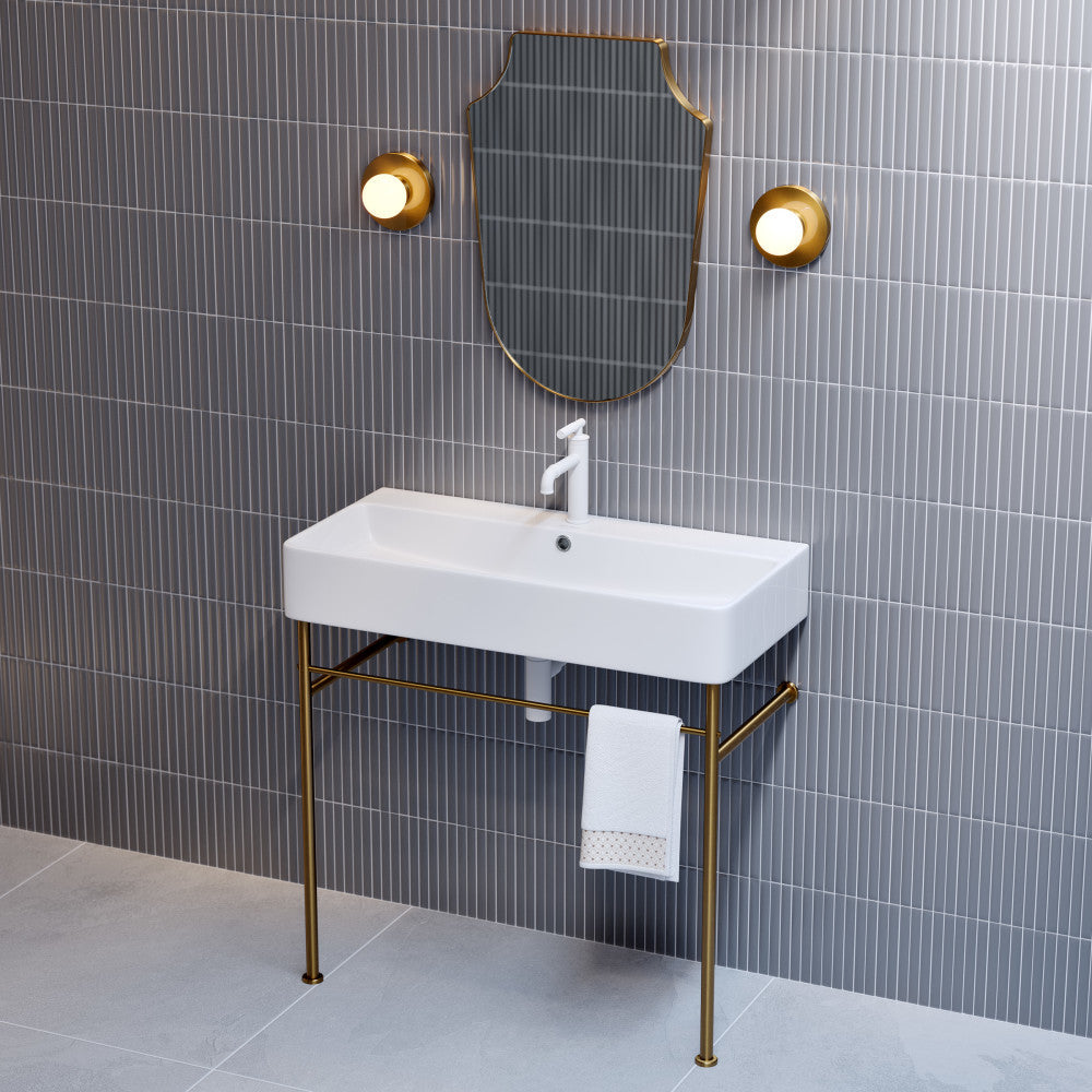 Swiss Madison Carre 36 Ceramic Console Sink White Basin Brushed Gold Legs