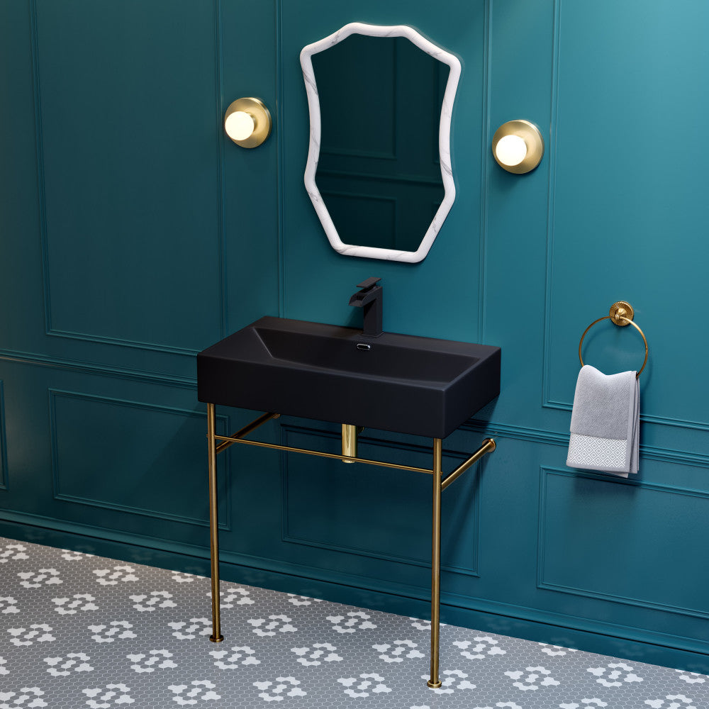 Swiss Madison Claire 30 Ceramic Console Sink Matte Black Basin Brushed Gold Legs
