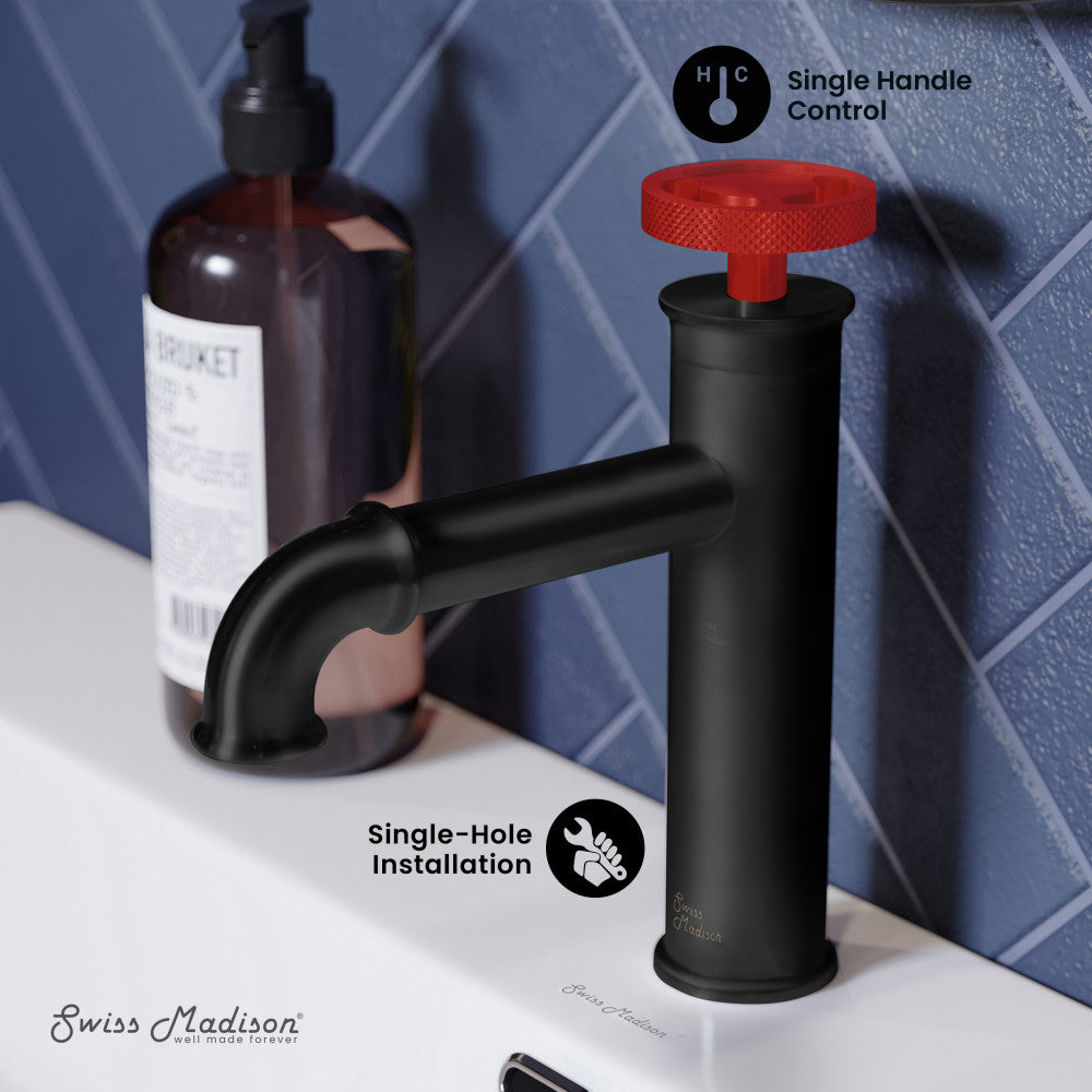 Swiss Madison Avallon Single Hole, Single-Handle, Bathroom Faucet in Matte Black with Red Handle