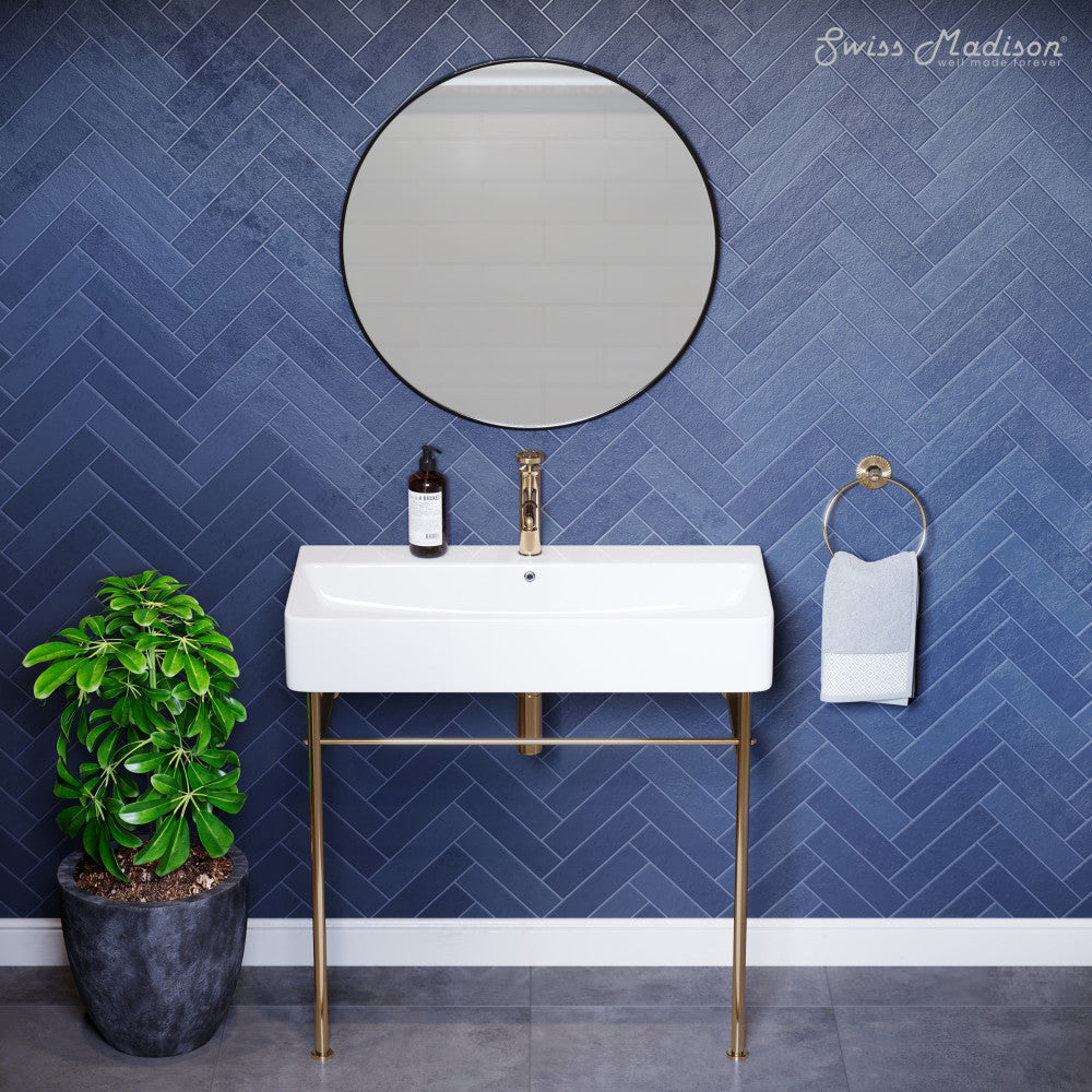 Swiss Madison Carre 36 Ceramic Console Sink White Basin Gold Legs