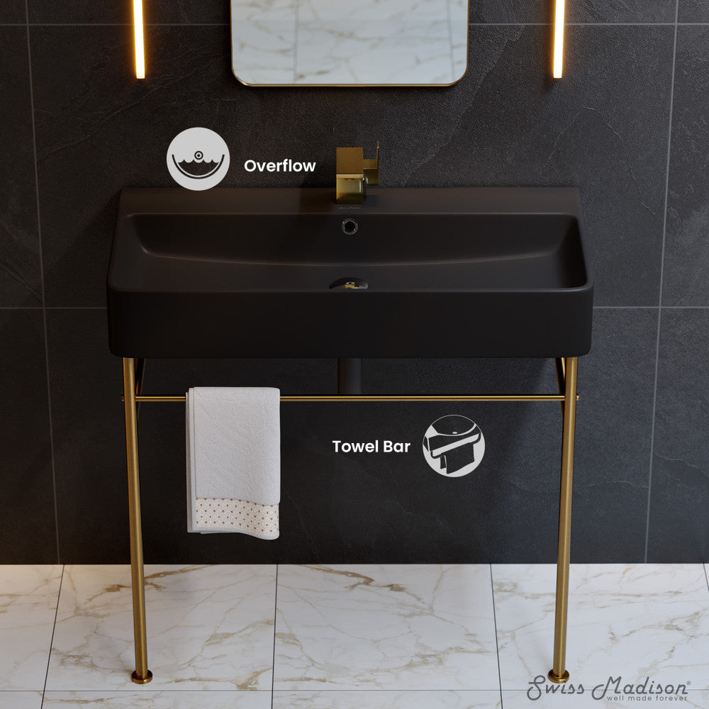 Swiss Madison Carre 36 Ceramic Console Sink Matte Black Basin Brushed Gold Legs