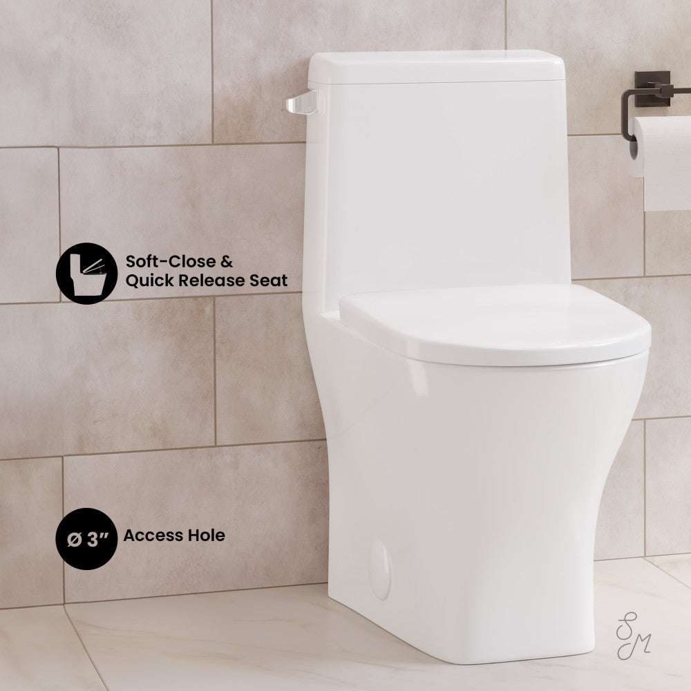 Swiss Madison Sublime II One-Piece 12" Rough-in 1.28 GPF Left Flush Round Compact Toilet in Glossy White