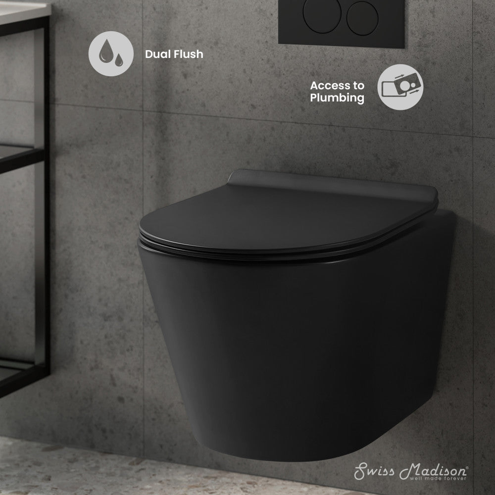 Swiss Madison Calice Wall-Hung Toilet Bundle 0.8/1.6 GPF Dual Flush in Matte Black with Black Flush Plate