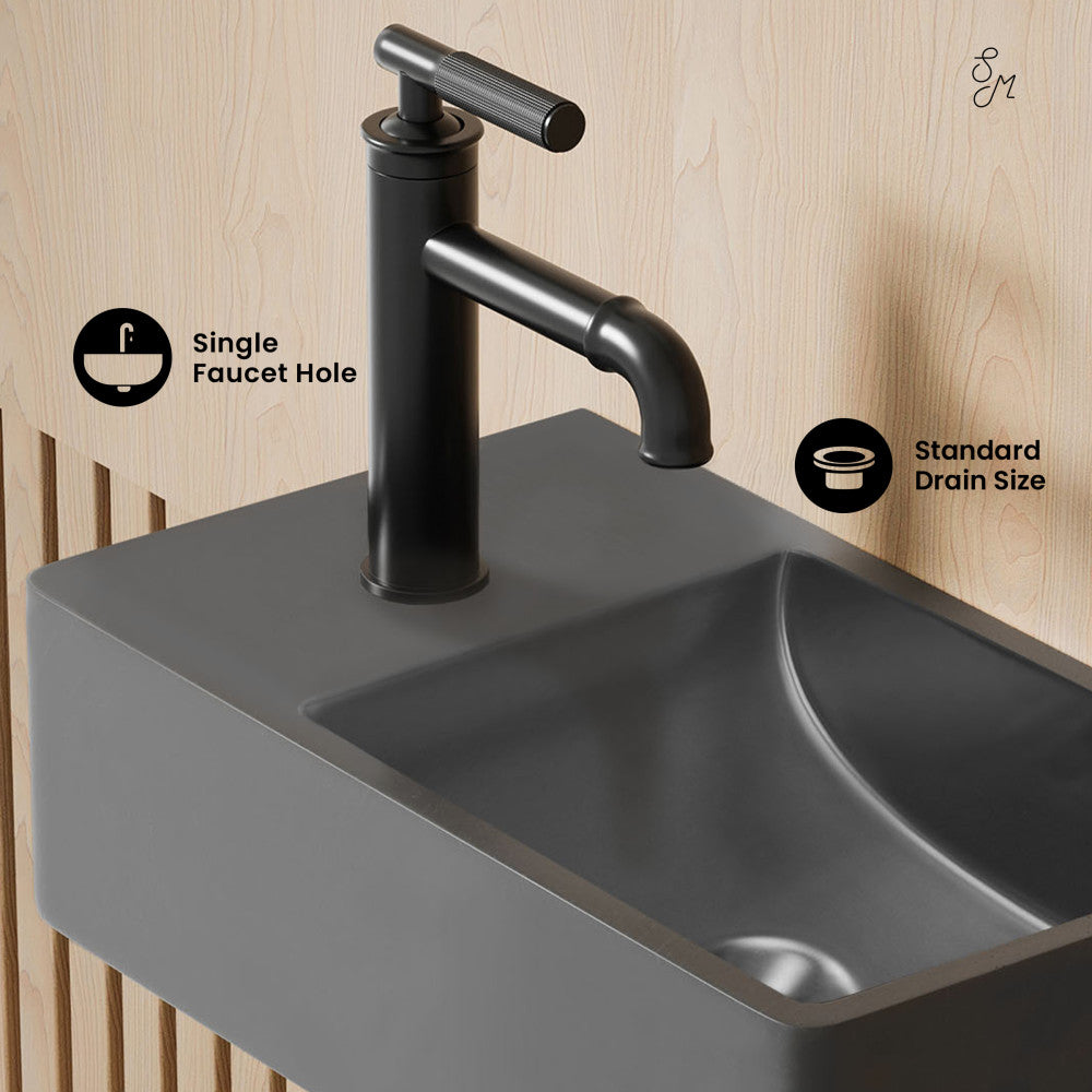 Swiss Madison Lisse 16" Concrete Rectangle Wall-Mounted Sink with Left Side Faucet Mount in Matte Dark Gray