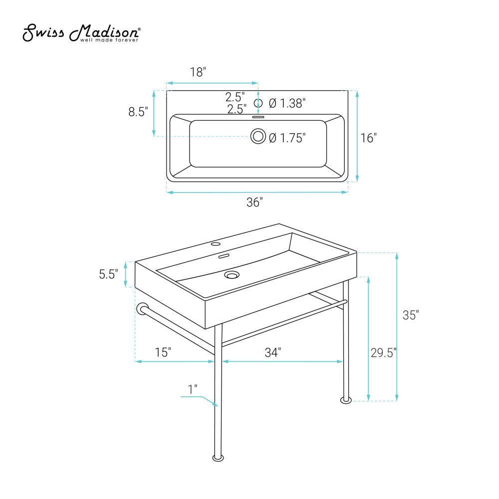 Swiss Madison Carre 36 Ceramic Console Sink White Basin Matte White Legs
