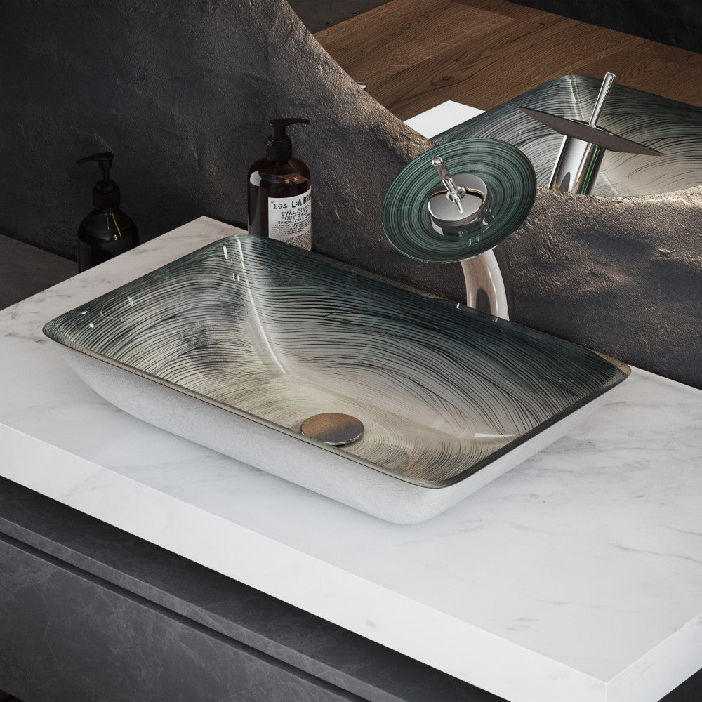 Swiss Madison Cascade Rectangular Glass Vessel Sink with Faucet, Smoky Grey