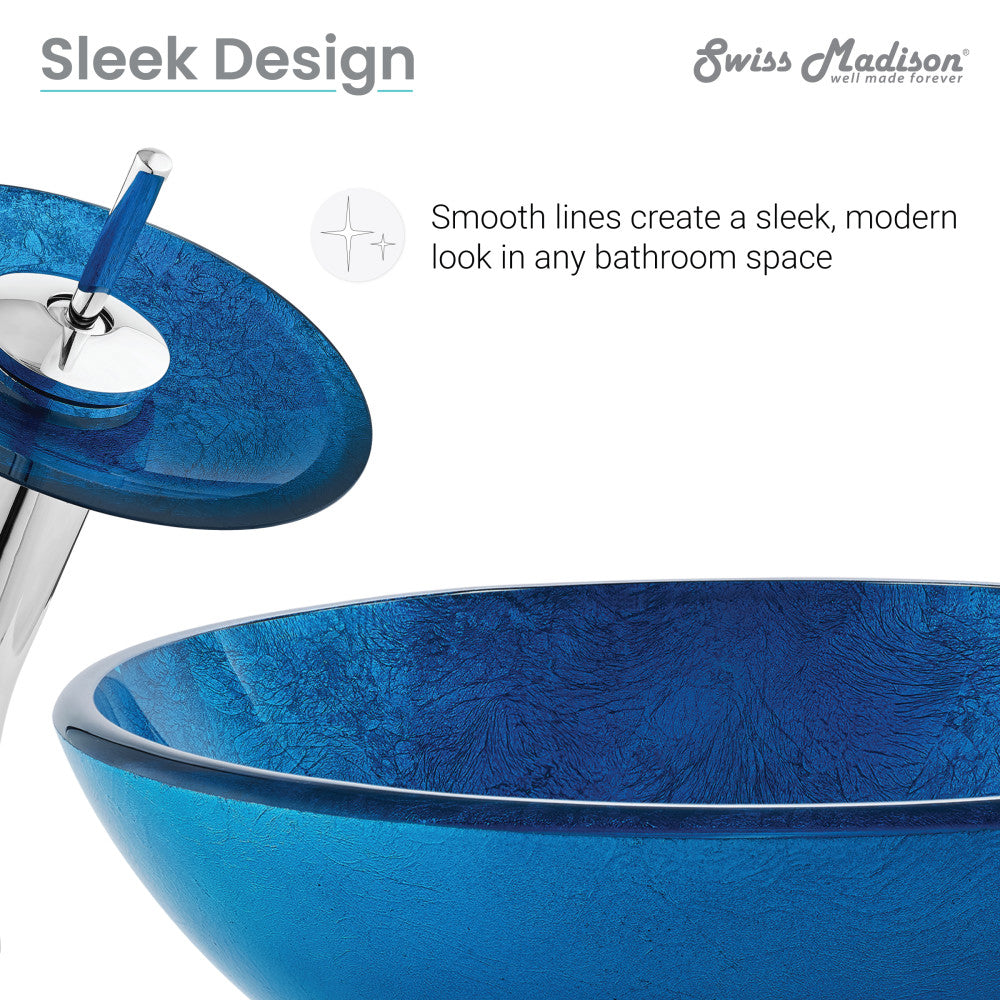 Swiss Madison Cascade 16.5 Glass Vessel Sink with Faucet, Ocean Blue