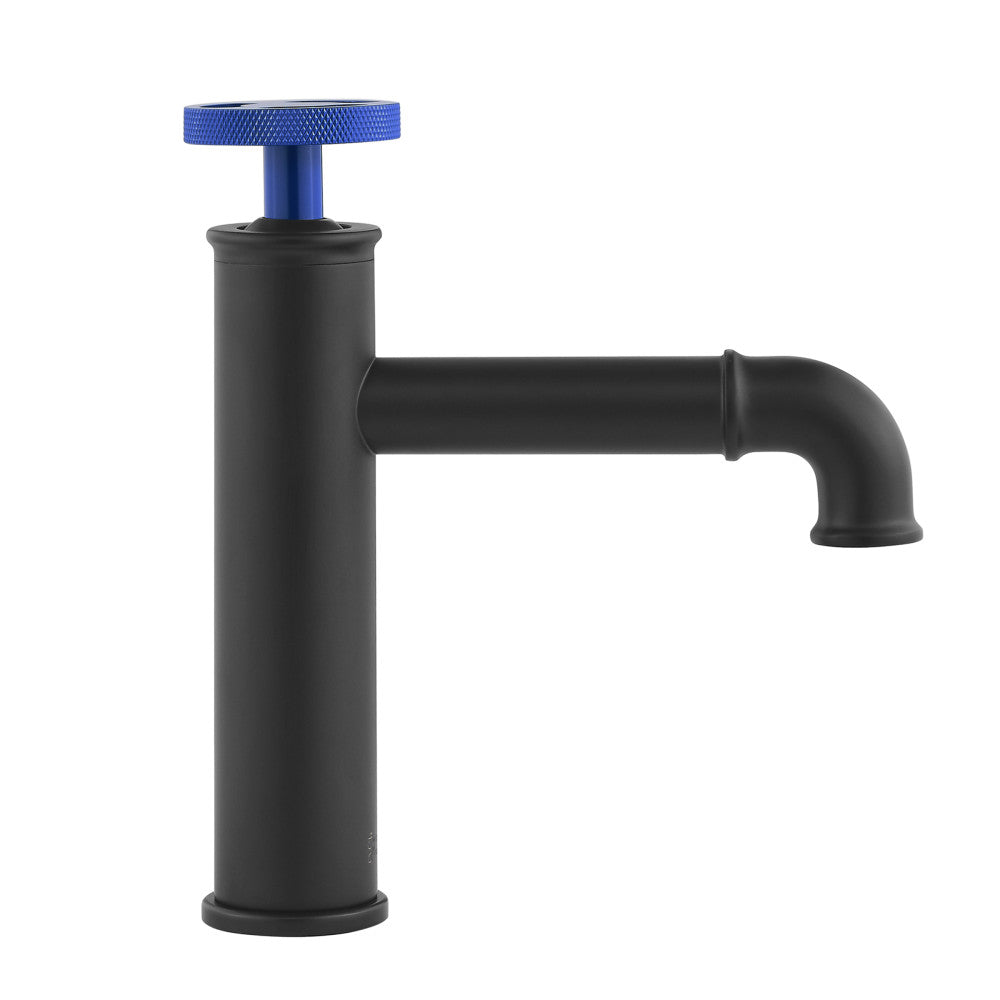 Swiss Madison Avallon Single Hole, Single-Handle Wheel, Bathroom Faucet in Matte Black with Blue Handle