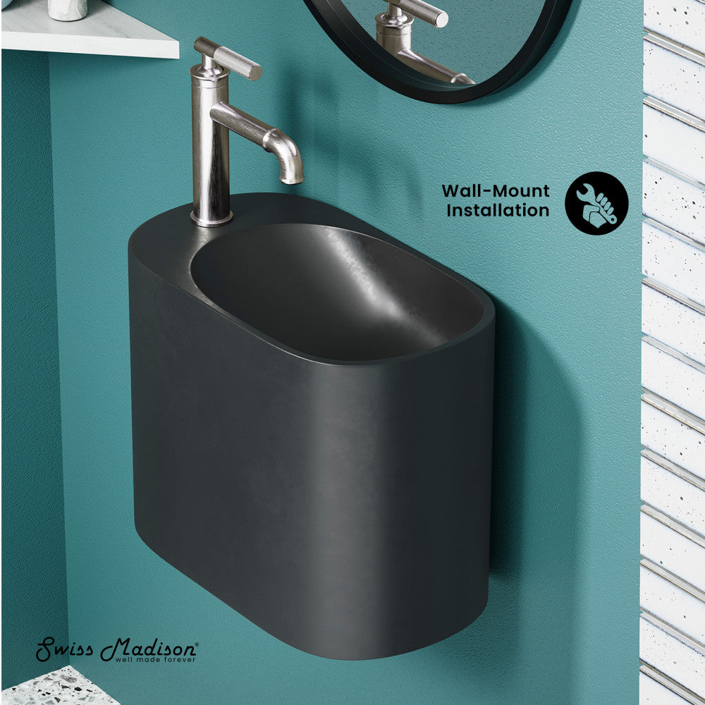 Swiss Madison Terre 18" Solid Surface Oval Wall-Mounted Sink with Left Side Faucet Mount in Matte Black