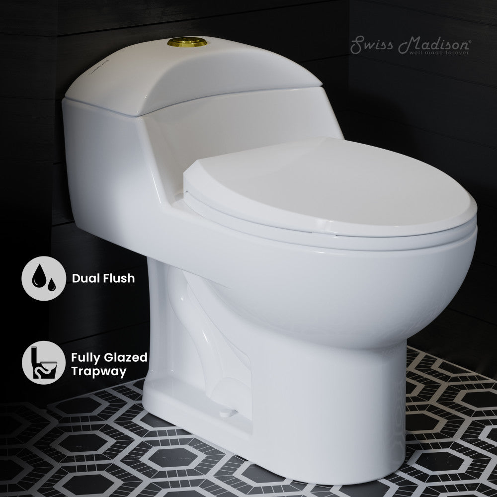 Swiss Madison Chateau One Piece Elongated Toilet Dual Flush, Brushed Gold Hardware 1.1/1.6 gpf