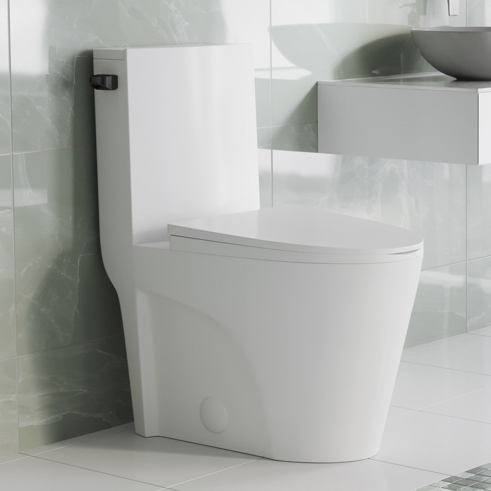 Swiss Madison St. Tropez One Piece Elongated Toilet Side Flush 1.28 gpf with Black Hardware