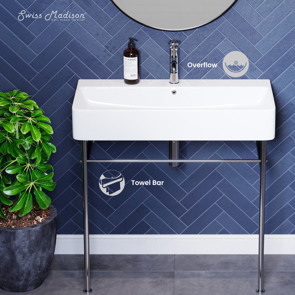 Swiss Madison Carre 36 Ceramic Console Sink White Basin Chrome Legs